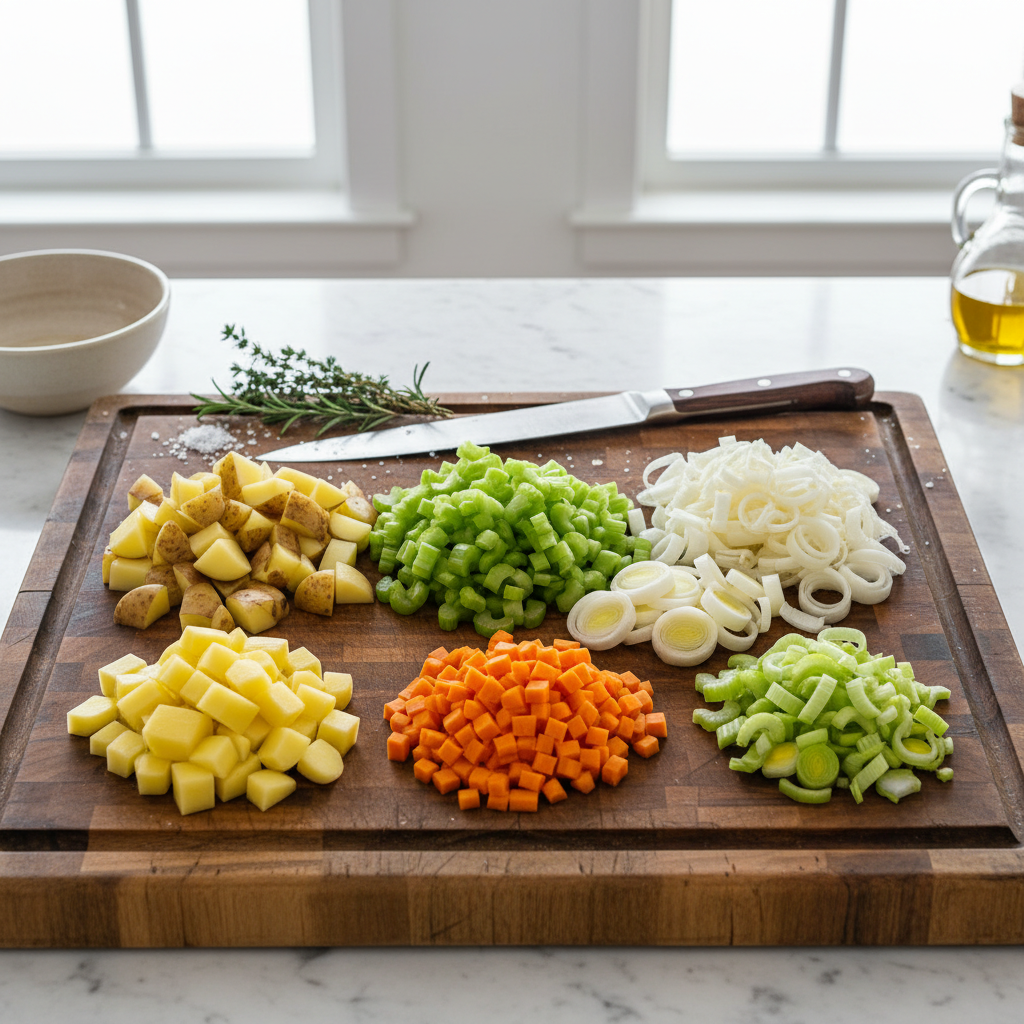 Diced potatoes, celery, and carrots on a cutting board ready for soup