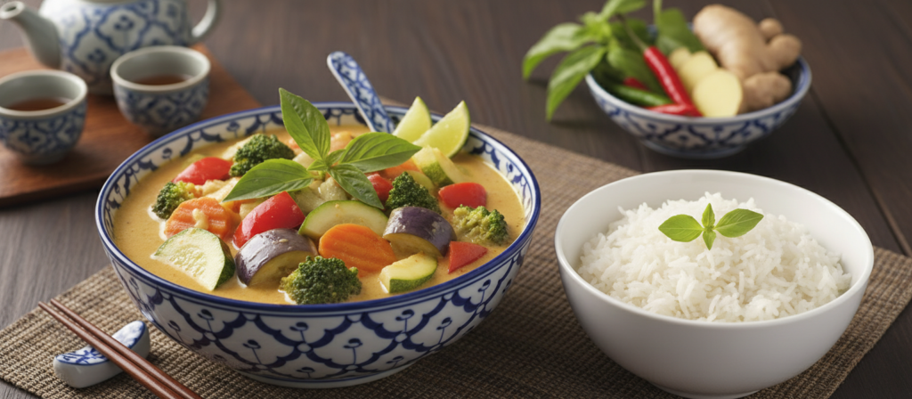 Finished vegetable curry in serving bowl with rice on the side