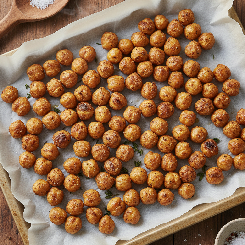 Golden crispy chickpeas spread on a baking sheet