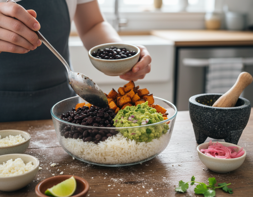 Hands assembling a burrito bowl with various ingredients