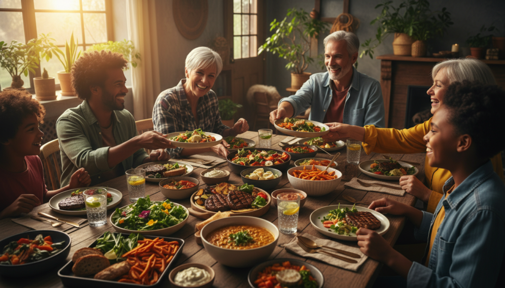 Happy family enjoying vegan dinner together at dining table