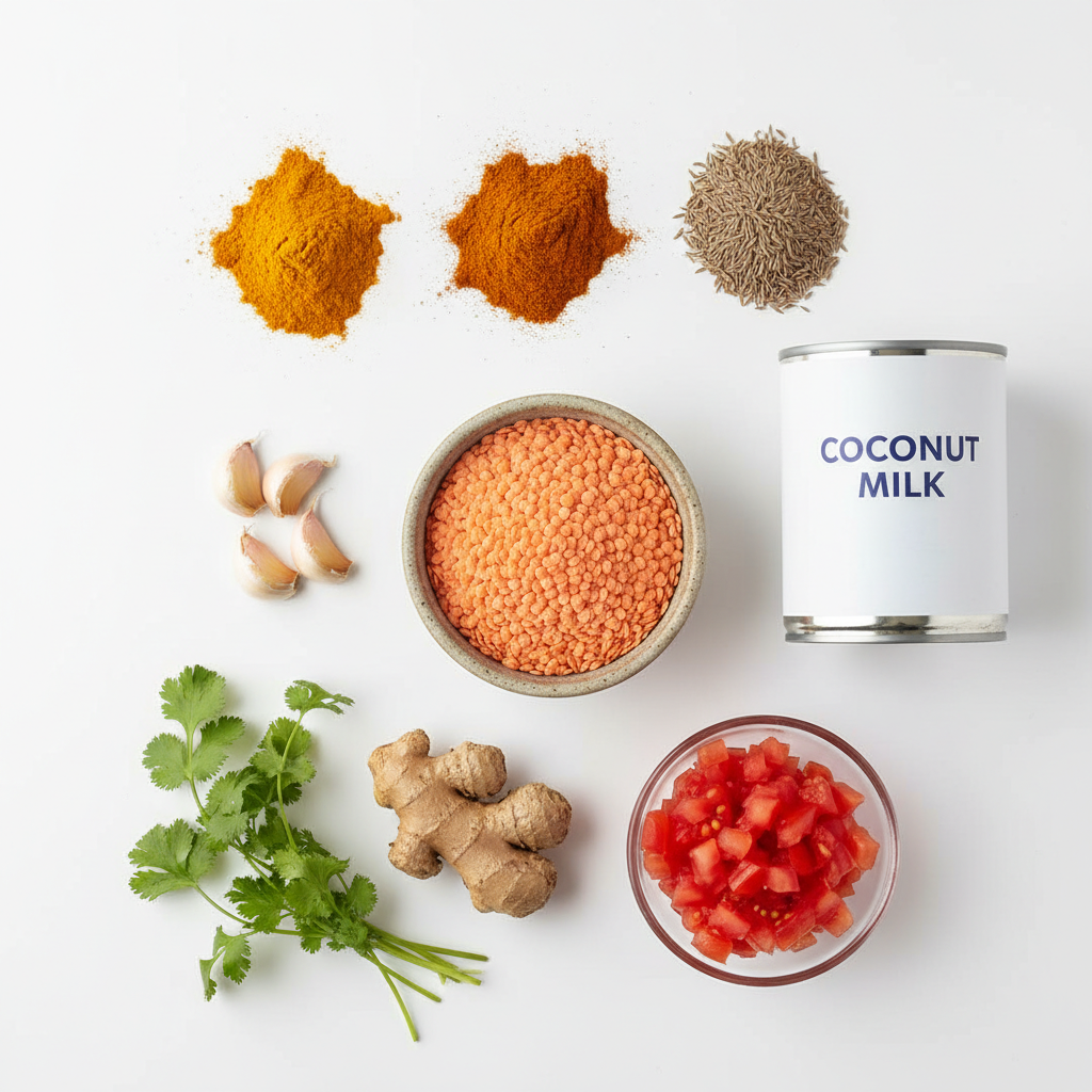 Ingredients for lentil curry including spices, coconut milk, and lentils