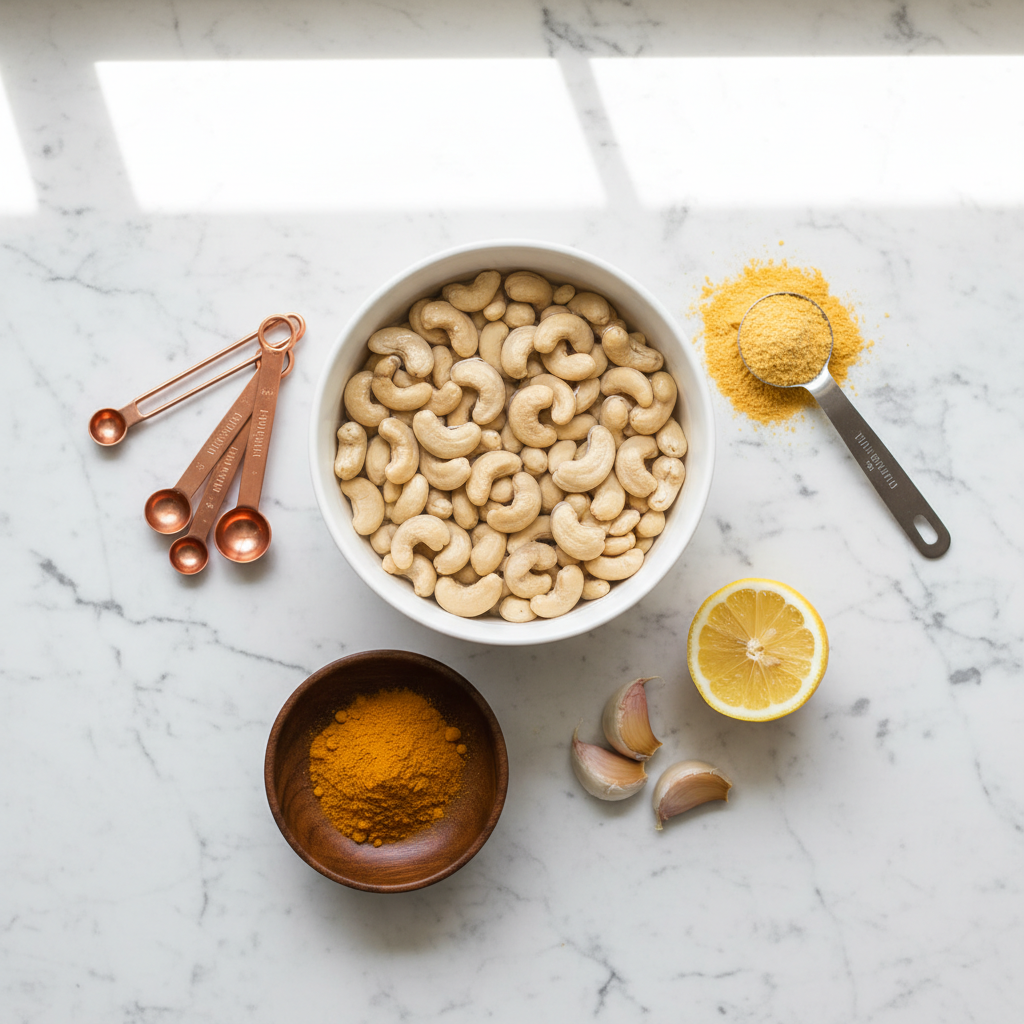 Ingredients for vegan cheese sauce including cashews, nutritional yeast, and spices