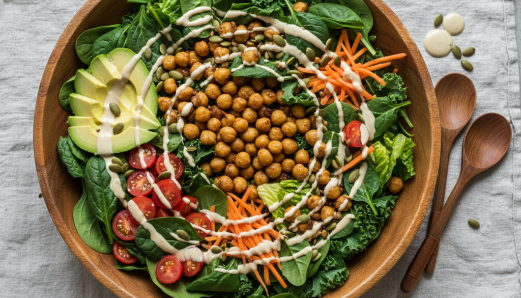 Large bowl of colorful salad with various toppings and creamy dressing