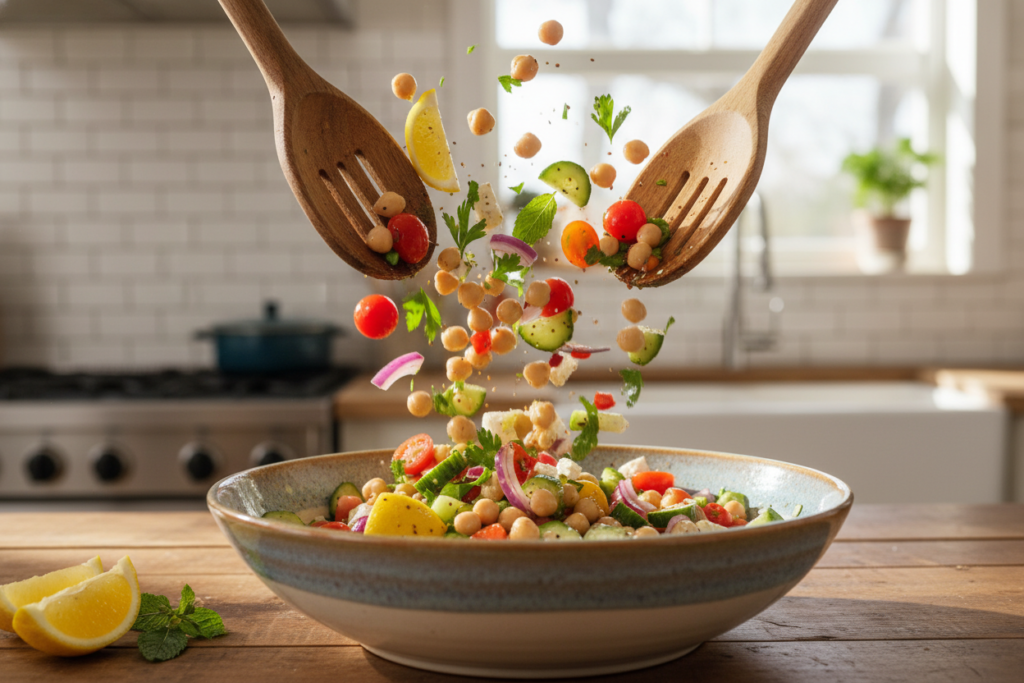 Mediterranean salad being tossed in a large bowl with wooden servers