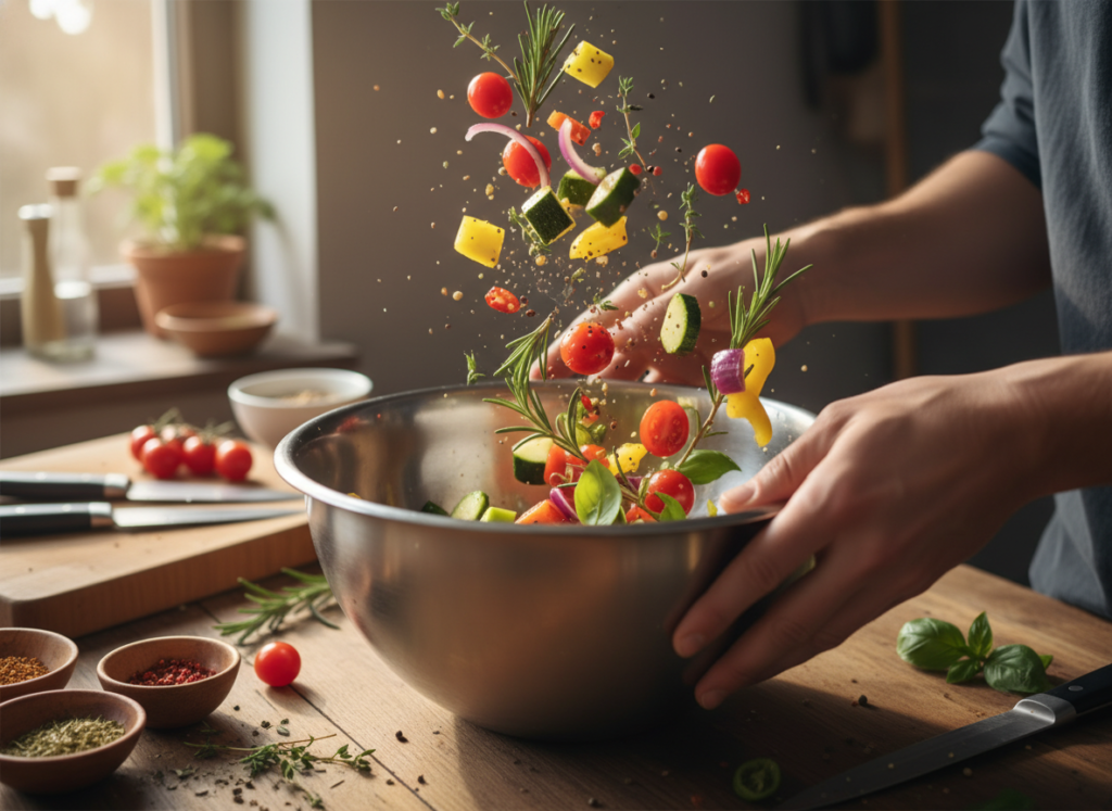 Mixed vegetables being tossed with olive oil and seasonings before roasting