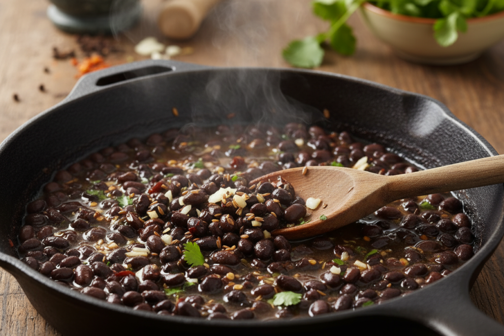 Pan of seasoned black beans cooking with spices