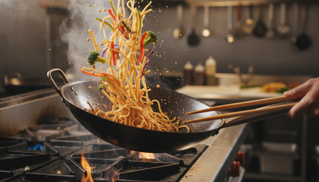 Peanut noodles being tossed in a wok with vegetables