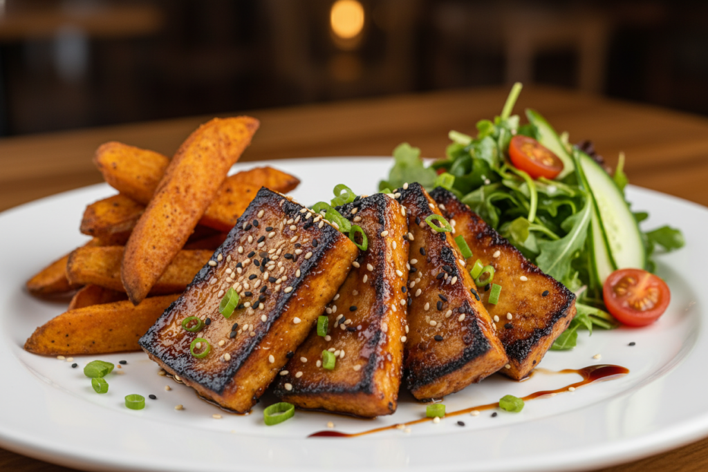 Plated BBQ tofu with roasted sweet potatoes and side salad