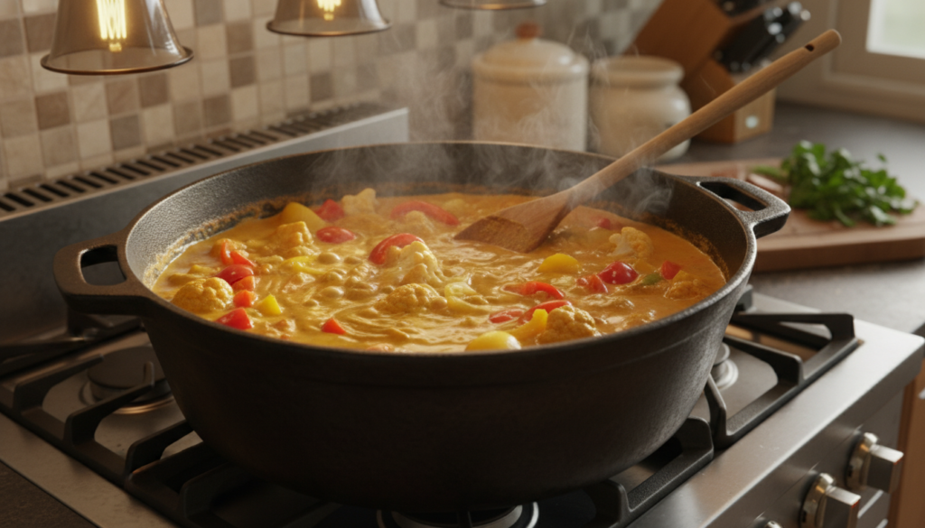 Pot of golden curry with vegetables and coconut milk