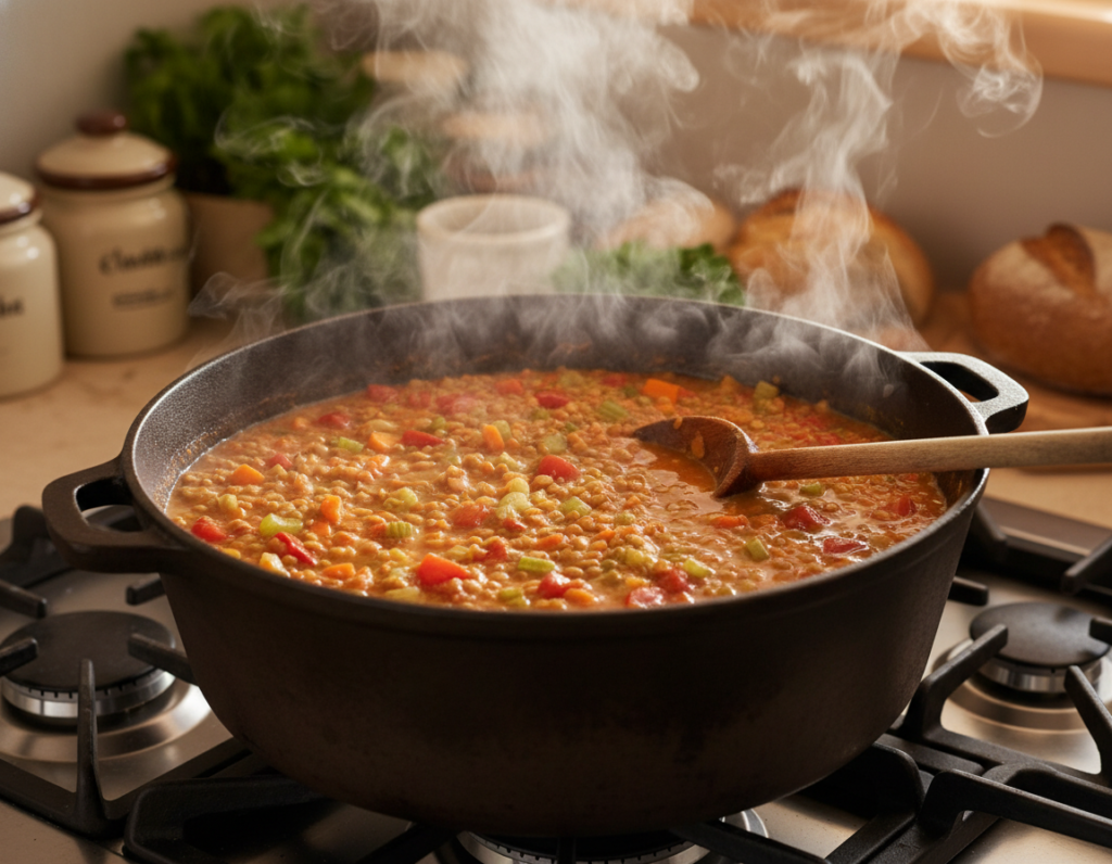Pot of red lentil stew simmering on the stove with visible vegetables