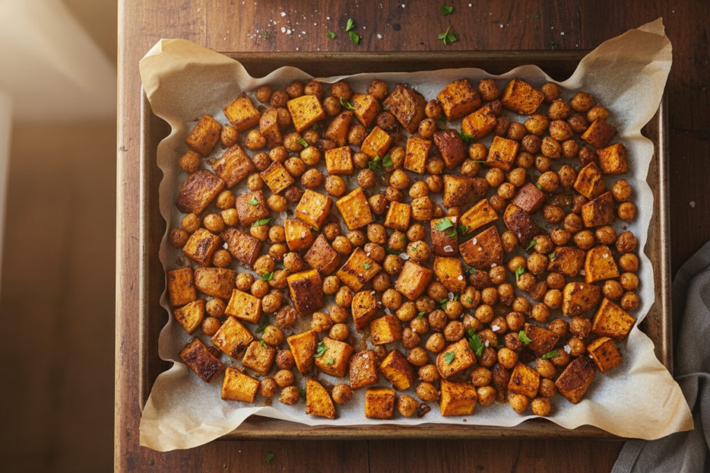 Roasted sweet potato cubes and seasoned chickpeas spread on a baking sheet