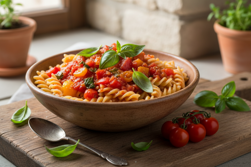 Rustic bowl of pasta with fresh tomato sauce, basil leaves, and cherry tomatoes on the side