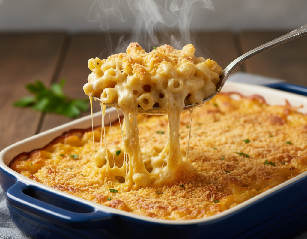 Serving spoon lifting creamy mac and cheese from a baking dish