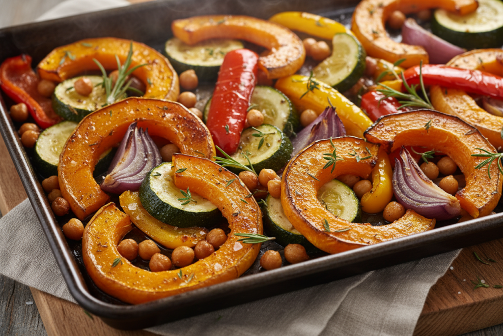 Sheet pan of perfectly roasted vegetables fresh from the oven