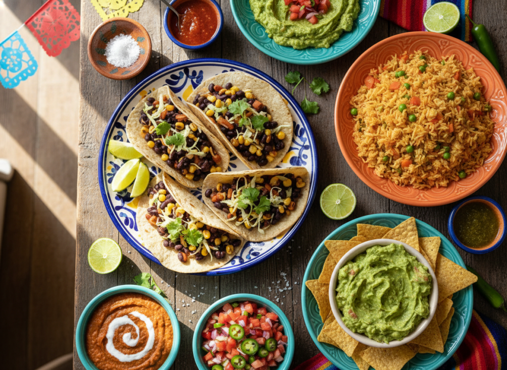 Spread of Mexican vegan dishes including tacos, rice, and beans
