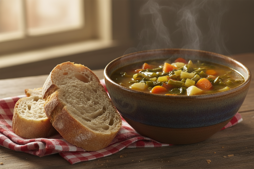 Steaming bowl of vegetable soup with crusty bread on the side
