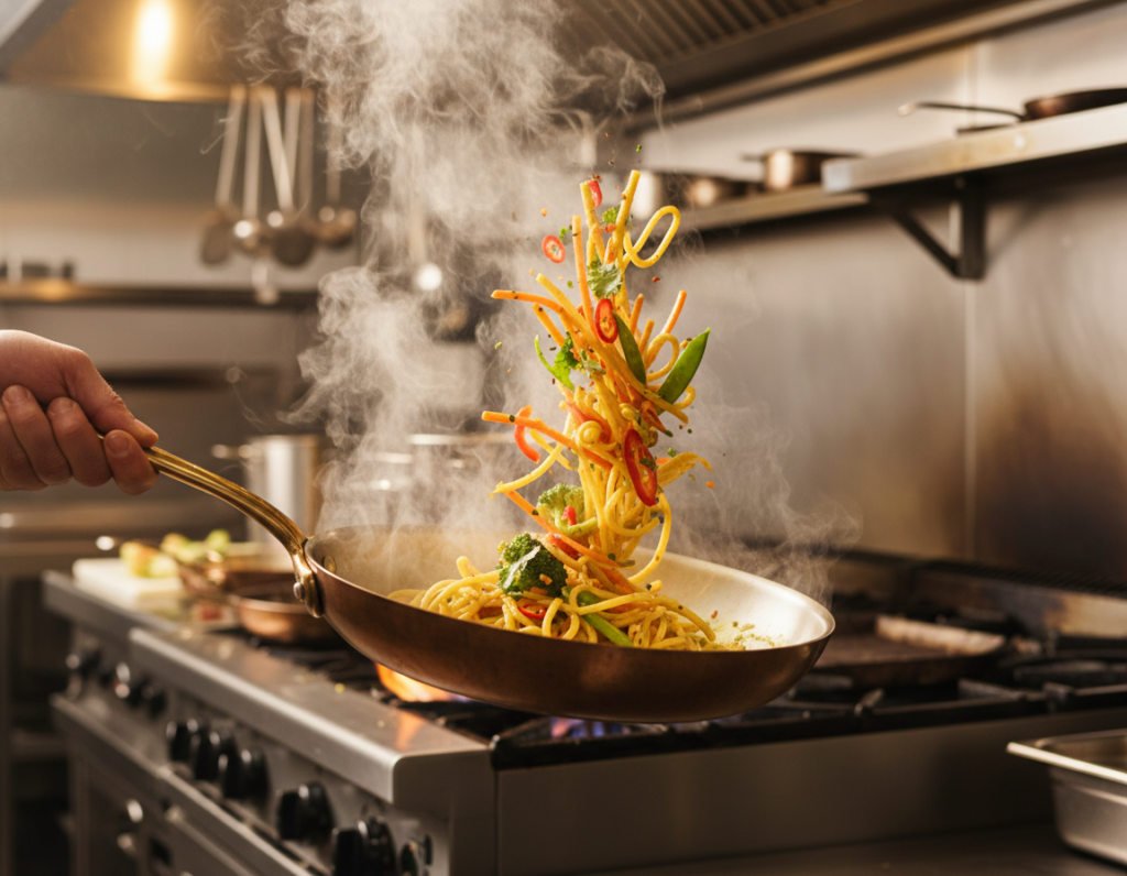 Steaming plate of curry pasta being tossed with fresh vegetables and creamy sauce