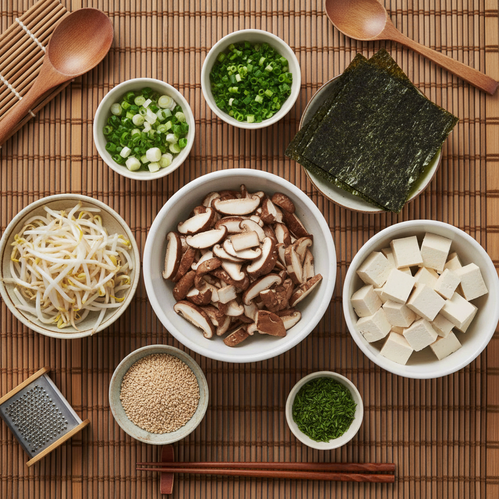 Toppings for ramen including sliced mushrooms, green onions, and nori