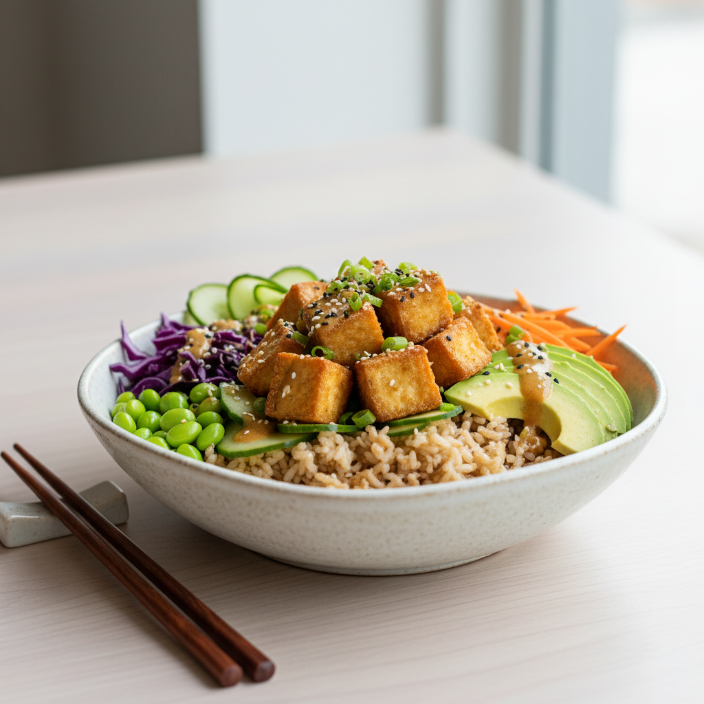 asian inspired rice bowl with tofu and vegetables asian inspired rice bowl with tofu and vegetables