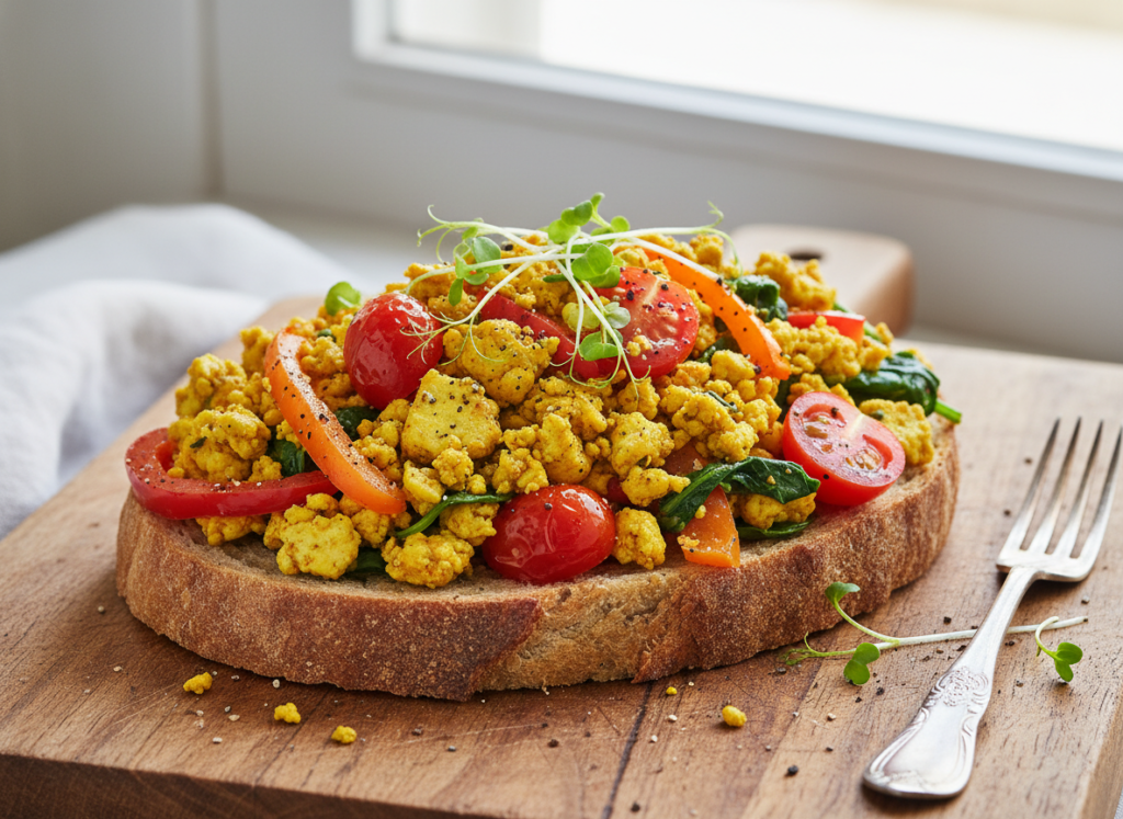 baked tofu scramble with vegetables on toast baked tofu scramble with vegetables on toast