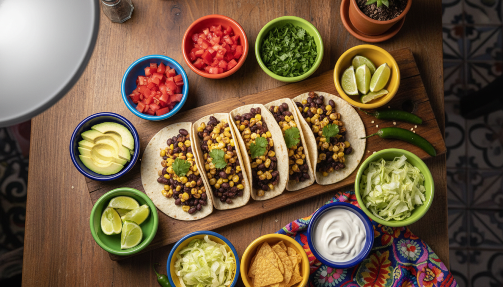 black bean and corn tacos with fresh toppings black bean and corn tacos with fresh toppings