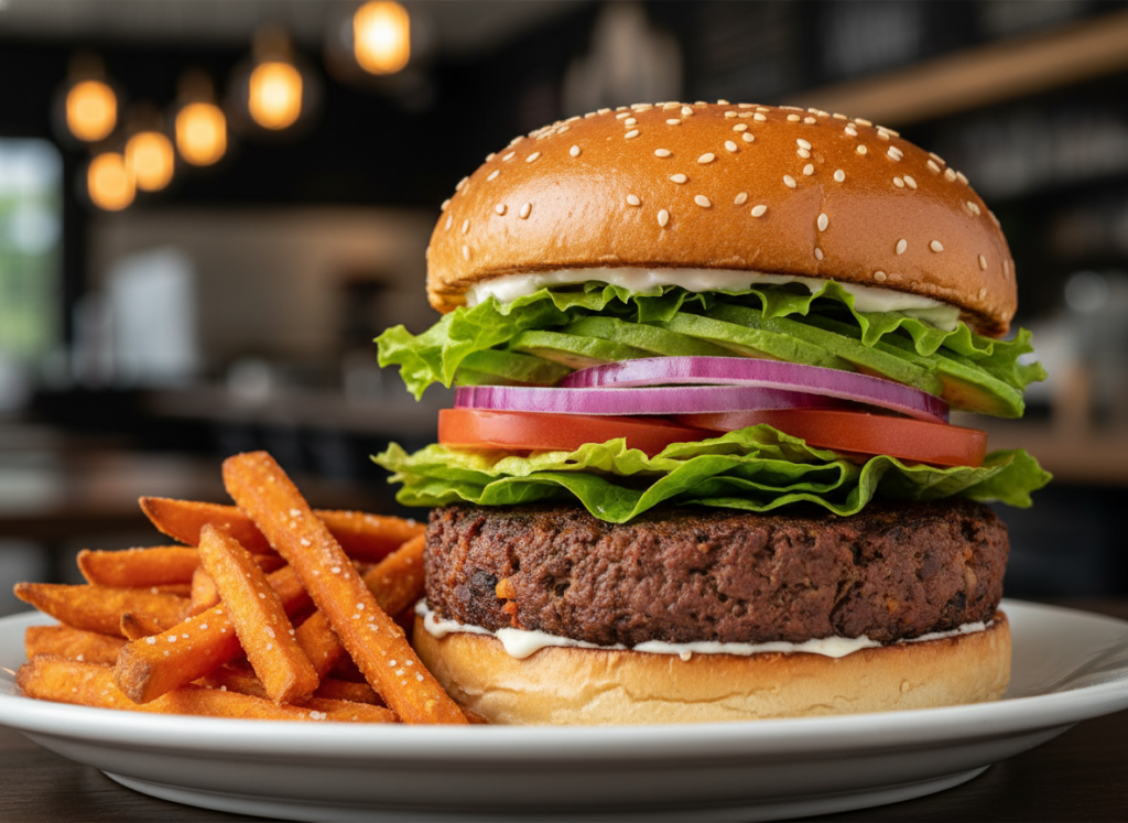black bean burger with lettuce tomato and avocado black bean burger with lettuce tomato and avocado