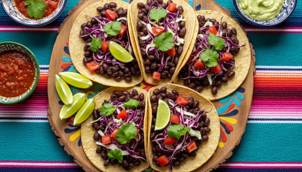 black bean tacos with colorful lime slaw and fresh cilantro
