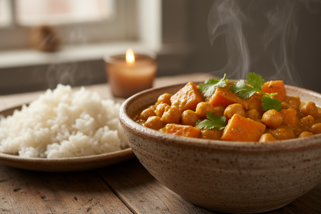 bowl of creamy coconut chickpea curry with sweet potatoes and cilantro