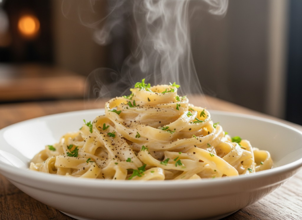 bowl of creamy vegan cashew alfredo pasta with herbs and black pepper