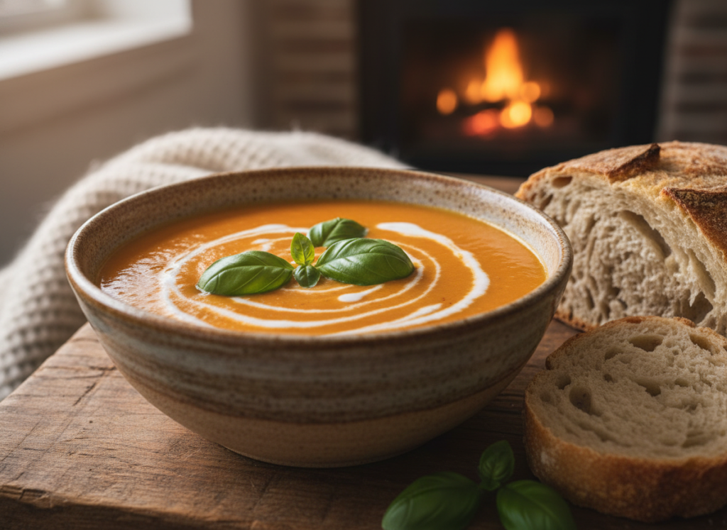 bowl of creamy vegan tomato soup with fresh basil garnish
