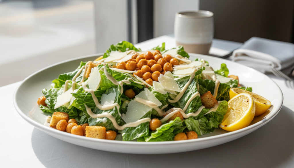 caesar salad with crispy chickpeas and vegan parmesan caesar salad with crispy chickpeas and vegan parmesan