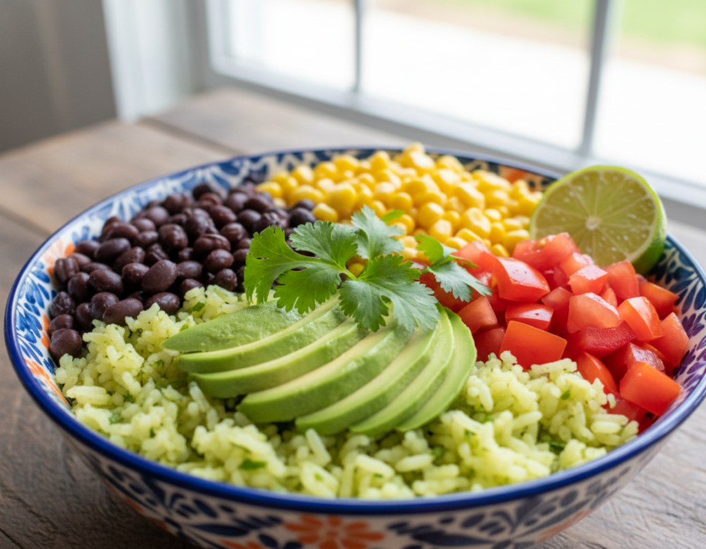 cilantro lime rice bowl with black beans, corn, and avocado