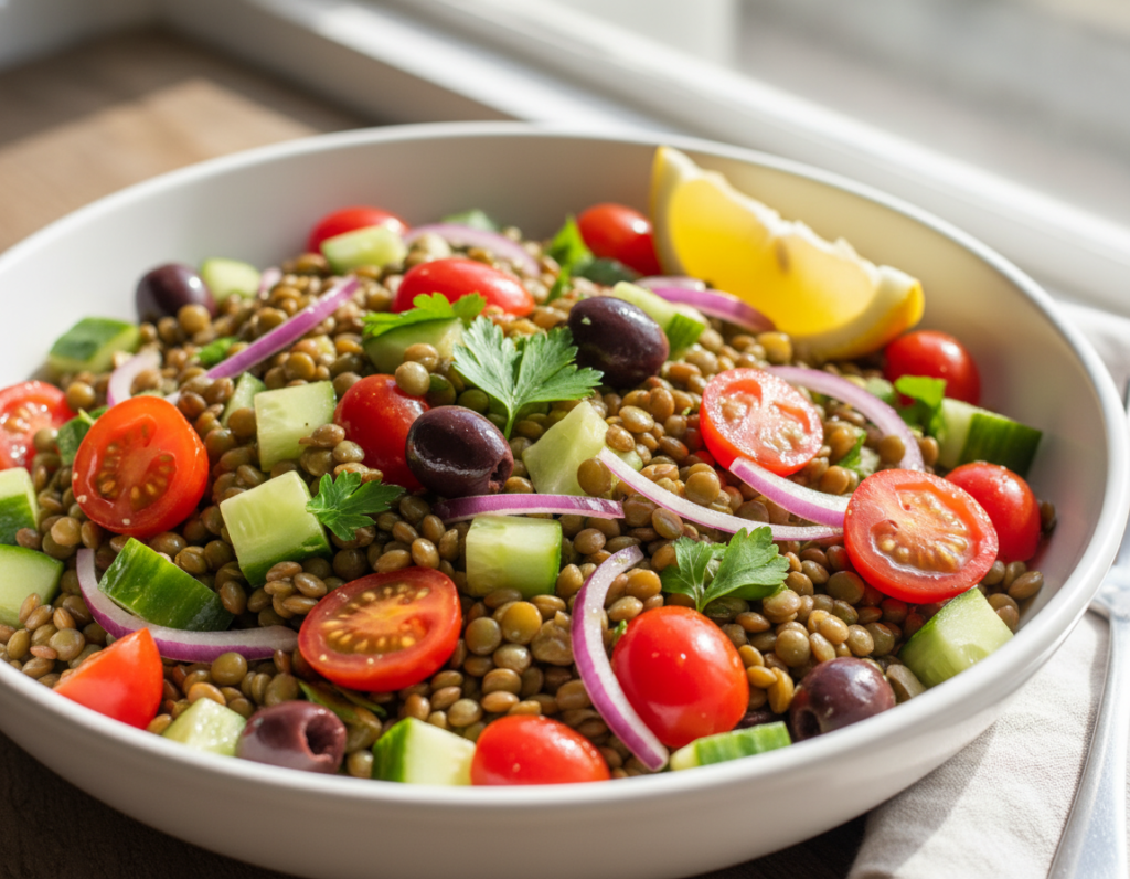 colorful Mediterranean lentil salad with tomatoes, cucumbers, and fresh herbs