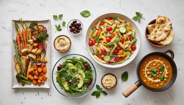 colorful array of easy vegan recipes including pasta salad and roasted vegetables