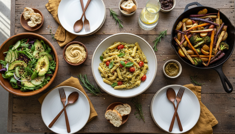 colorful easy vegan dinner spread with pasta, salad, and roasted vegetables on a wooden table