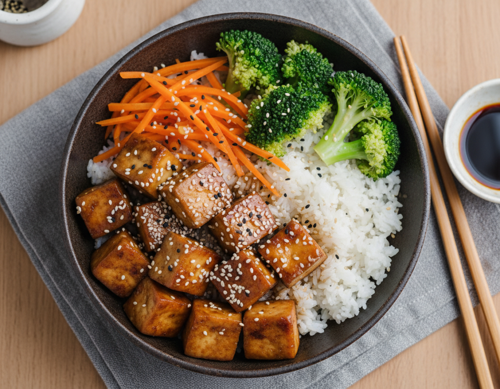 colorful teriyaki tofu bowl with rice, broccoli, and sesame seeds
