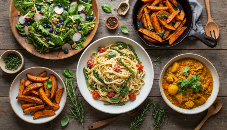 colorful vegan dinners spread across a wooden table featuring pasta, curry, and roasted vegetables