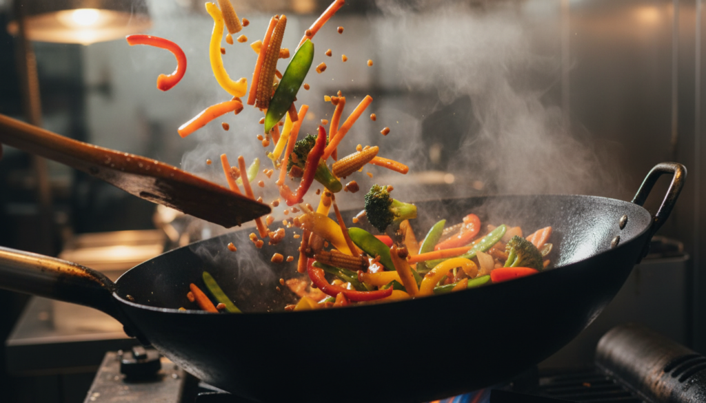 colorful vegetable stir fry in a wok with sauce colorful vegetable stir fry in a wok with sauce
