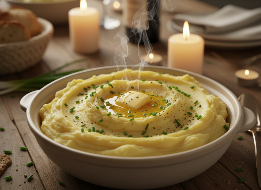 creamy mashed potatoes with herbs in a bowl creamy mashed potatoes with herbs in a bowl