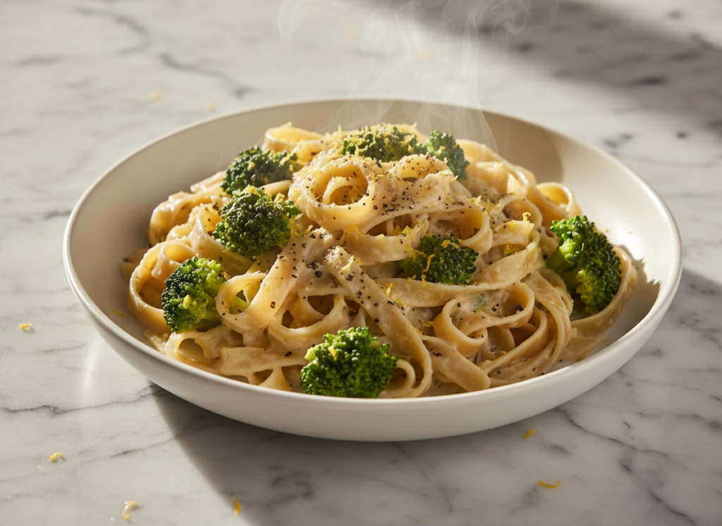 creamy vegan alfredo pasta with broccoli florets creamy vegan alfredo pasta with broccoli florets