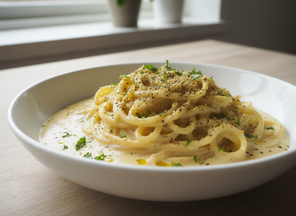 creamy vegan carbonara pasta in a white bowl with black pepper and herbs creamy vegan carbonara pasta in a white bowl with black pepper and herbs