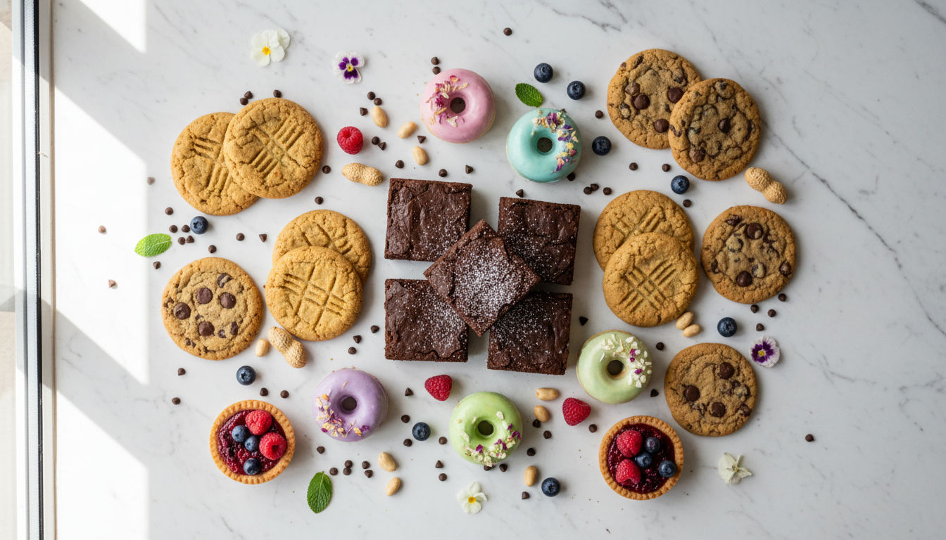 easy vegan dessert spread with chocolate treats and peanut butter cookies
