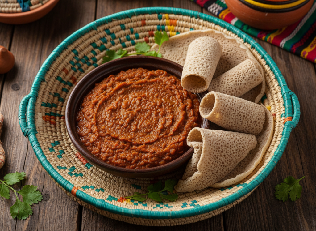 ethiopian style lentil stew with injera bread ethiopian style lentil stew with injera bread