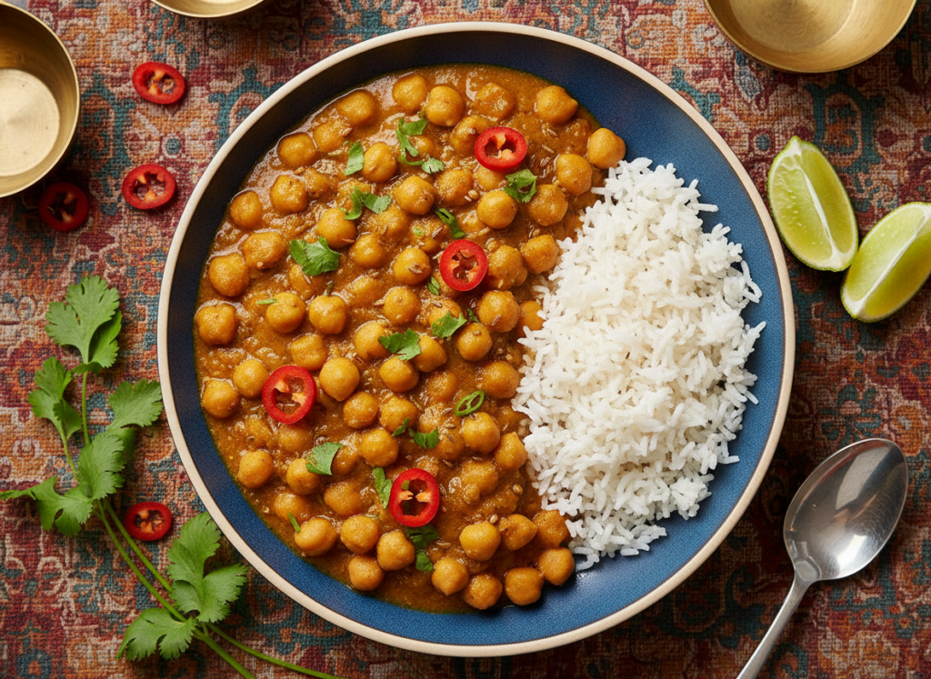 golden chickpea curry in a blue bowl with rice and cilantro golden chickpea curry in a blue bowl with rice and cilantro