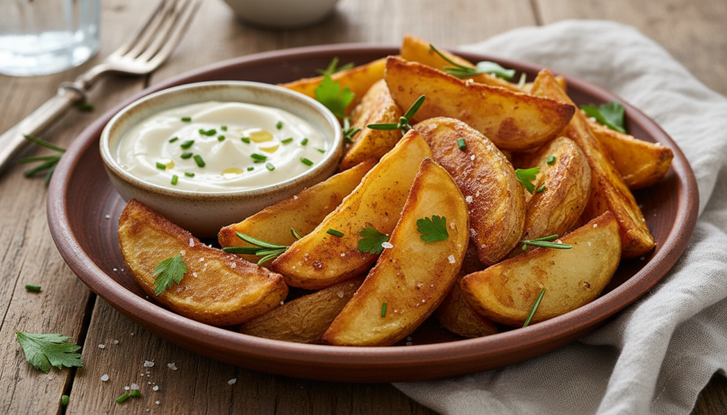 golden crispy roasted potato wedges with garlic aioli dipping sauce