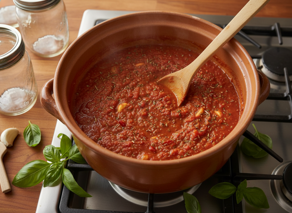 large pot of marinara sauce with wooden spoon large pot of marinara sauce with wooden spoon