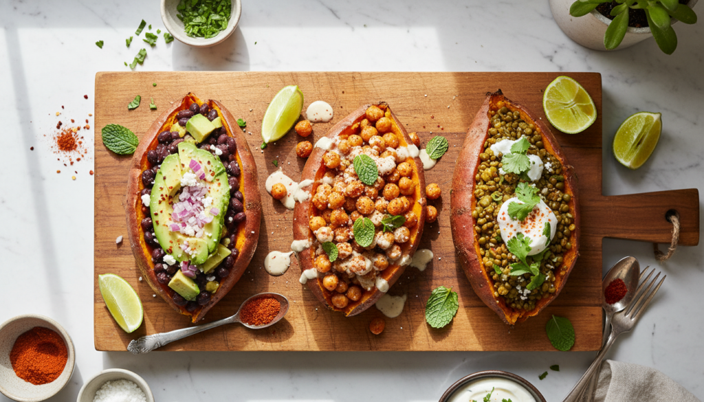 loaded baked sweet potatoes with various toppings loaded baked sweet potatoes with various toppings