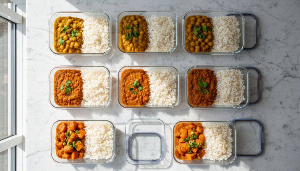 meal prep containers with different curries and rice meal prep containers with different curries and rice