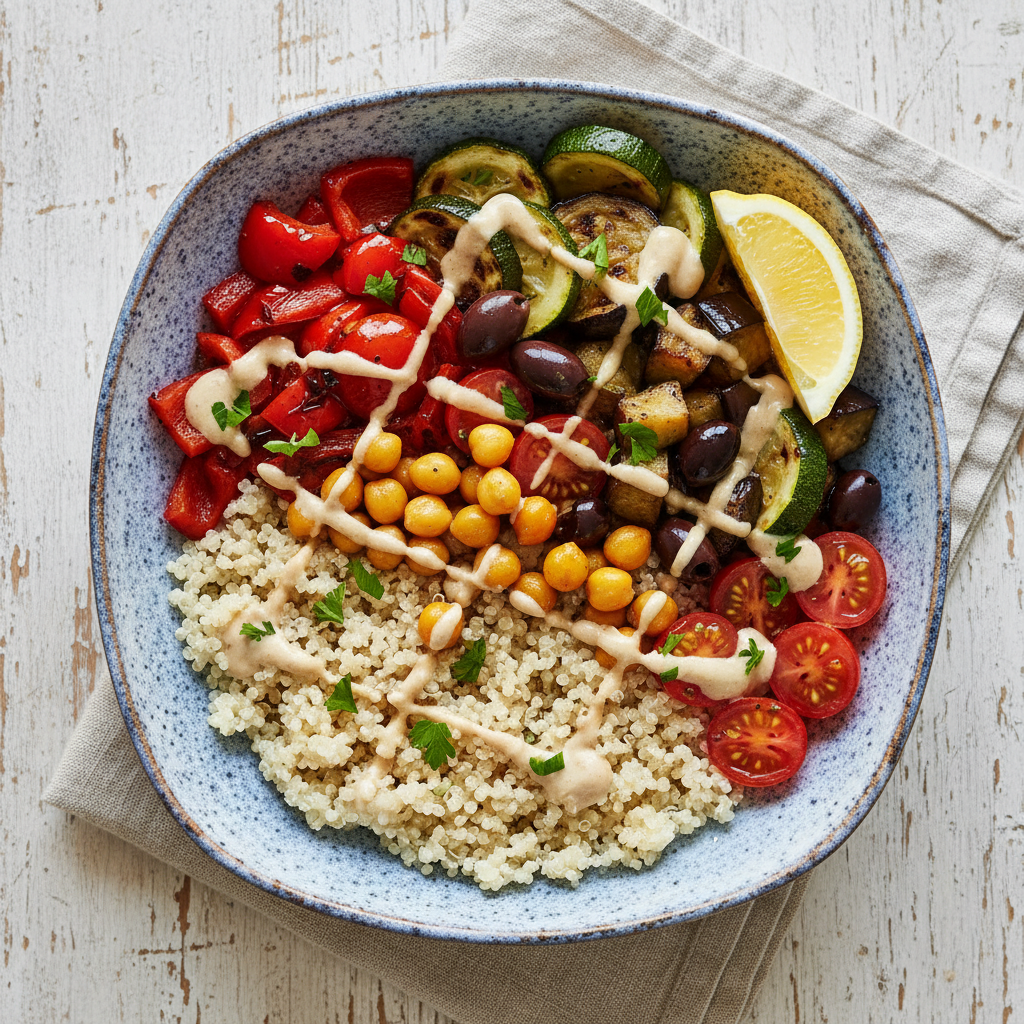 mediterranean quinoa bowl with roasted vegetables mediterranean quinoa bowl with roasted vegetables